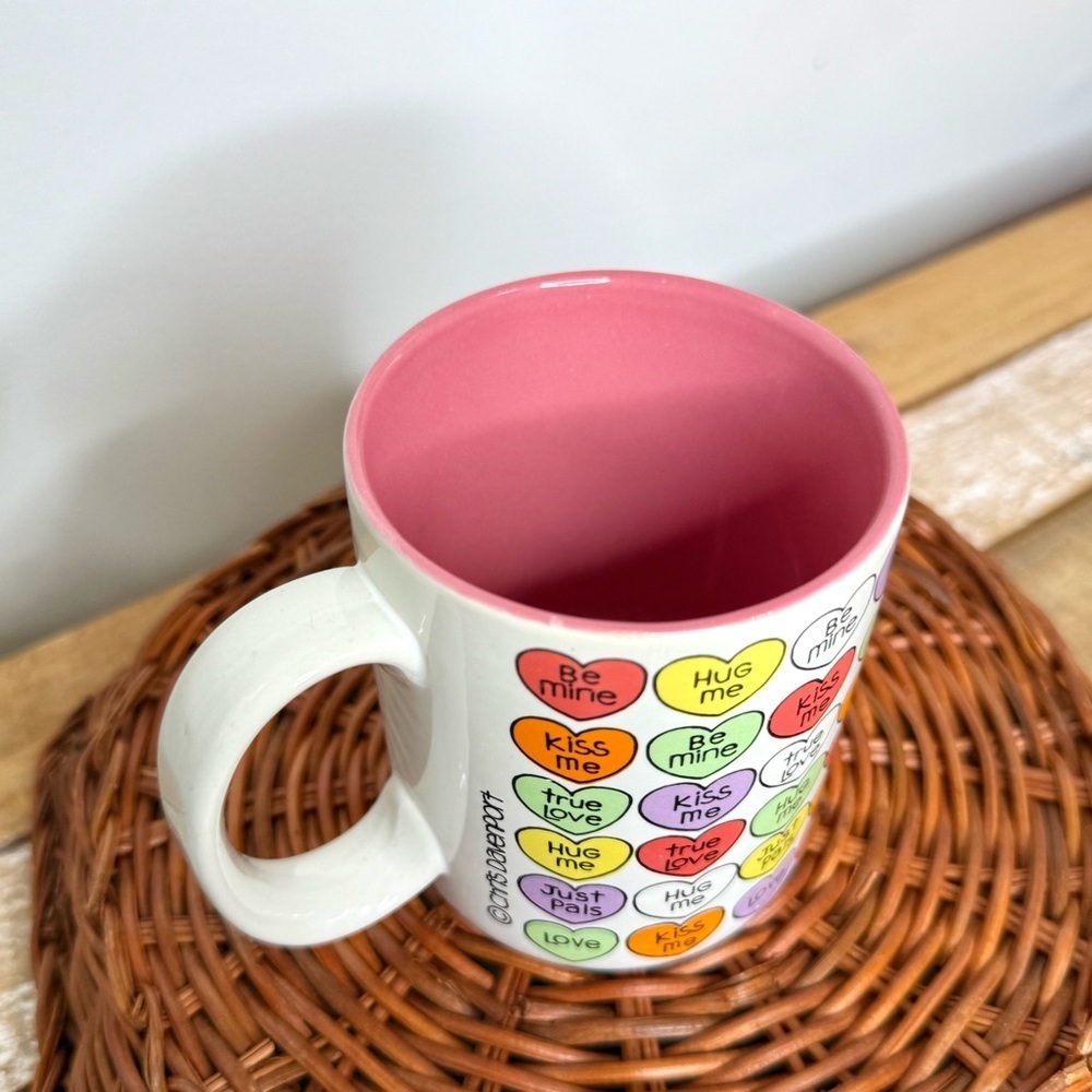 Vintage 1986 Chris Davenport Enesco Conversation Hearts Coffee Mug Pink Interior - Picture 9 of 16